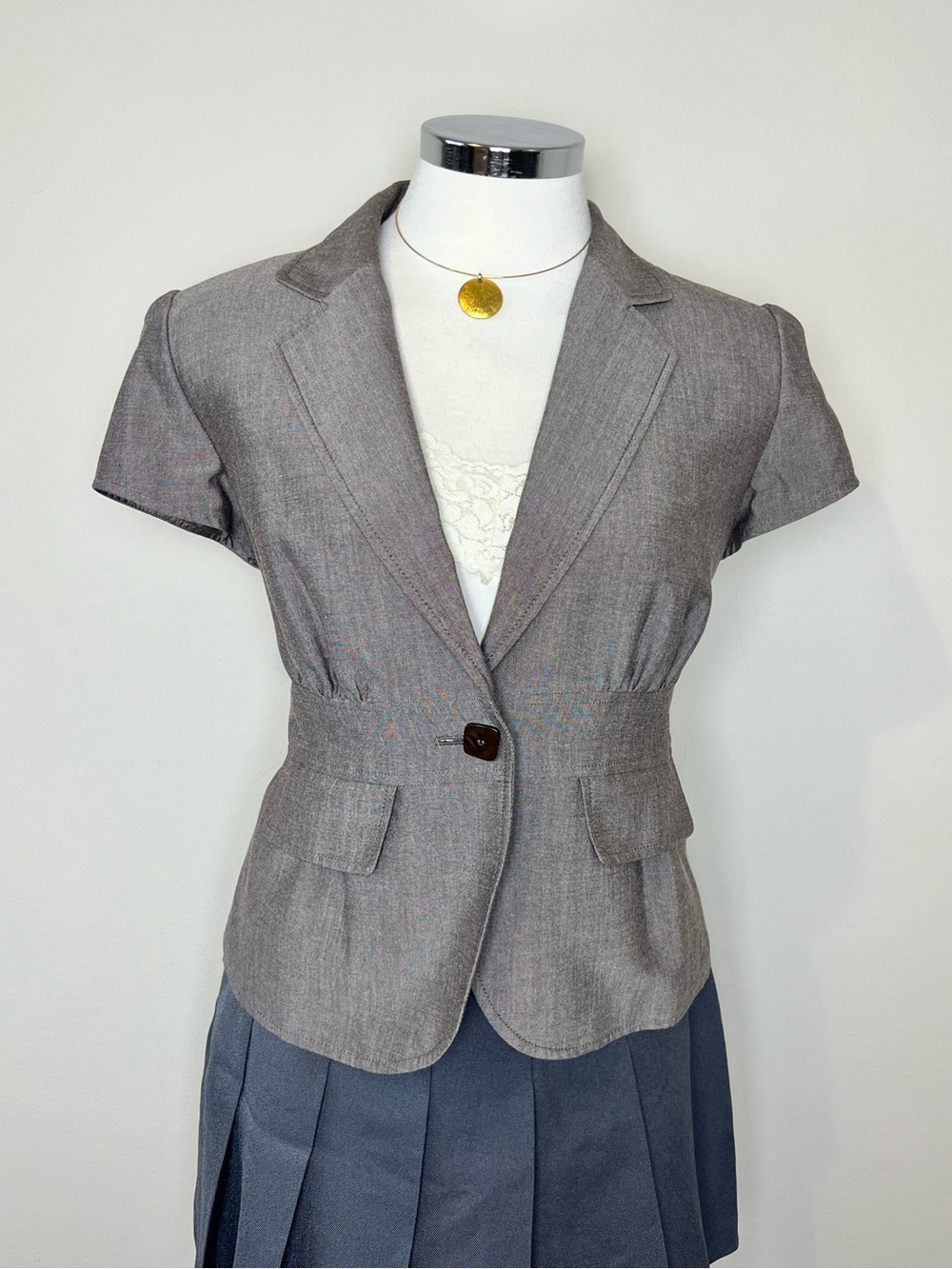 Nine West Suit Blazer Womens 6 Gray Fitted Cap Sleeve Office Siren Y2K